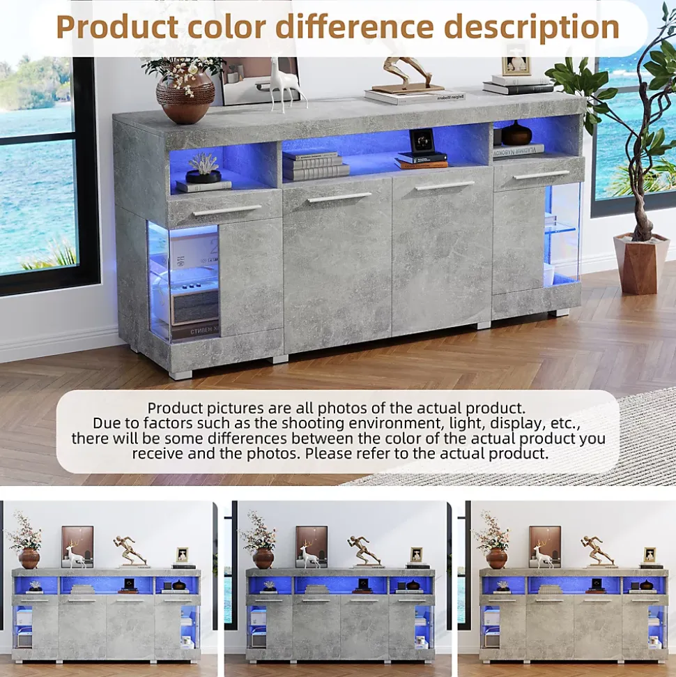 Buffet de Cuisine Bar avec 3 Compartiments et LED - Meuble Salon Moderne MDF et Verre Trempé, Gris Ciment - 140x40x70 cm