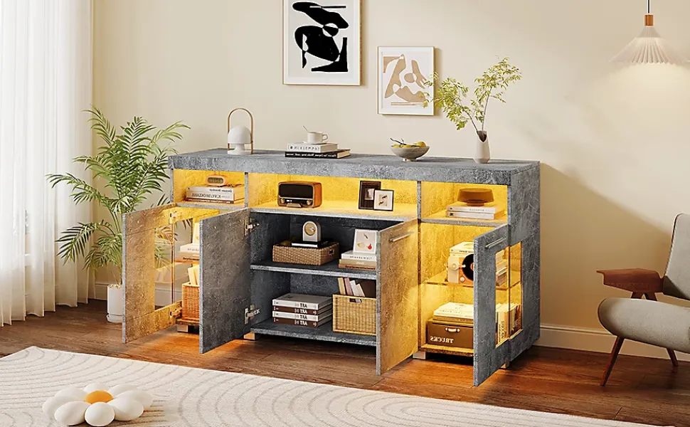 Buffet de Cuisine Bar avec 3 Compartiments et LED - Meuble Salon Moderne MDF et Verre Trempé, Gris Ciment - 140x40x70 cm
