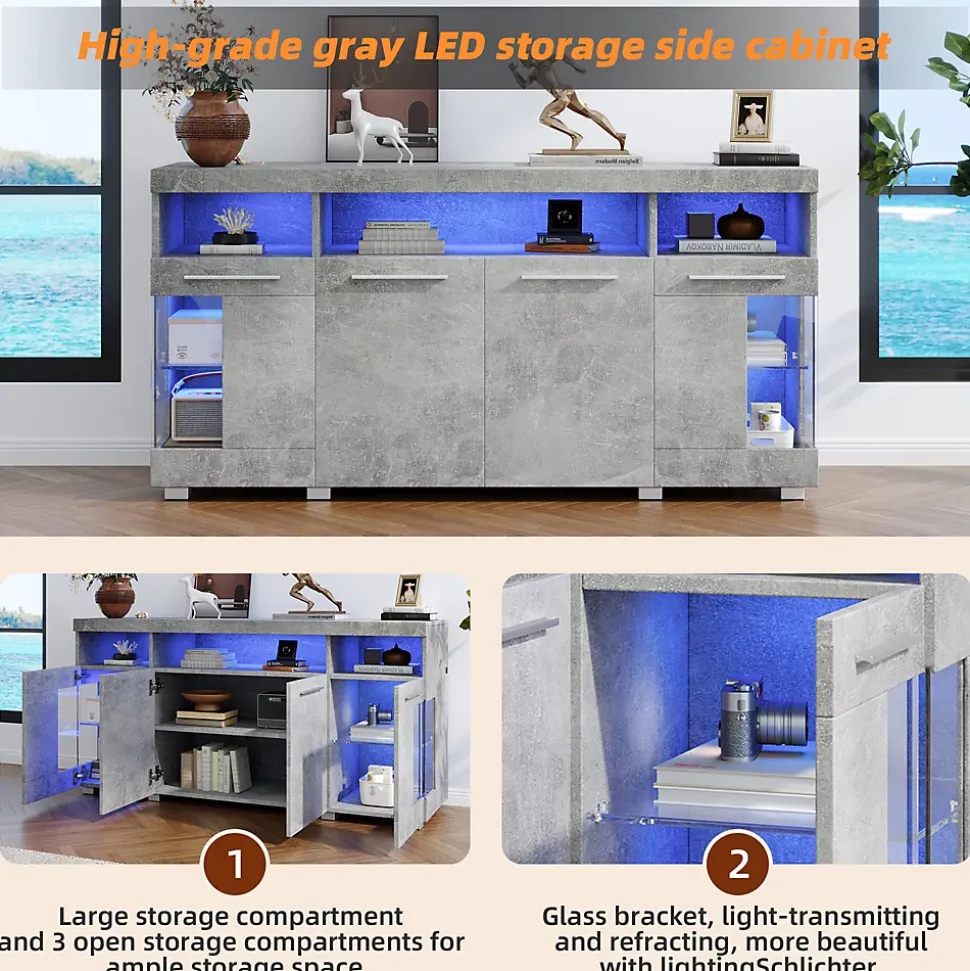 Buffet de Cuisine Bar avec 3 Compartiments et LED - Meuble Salon Moderne MDF et Verre Trempé, Gris Ciment - 140x40x70 cm