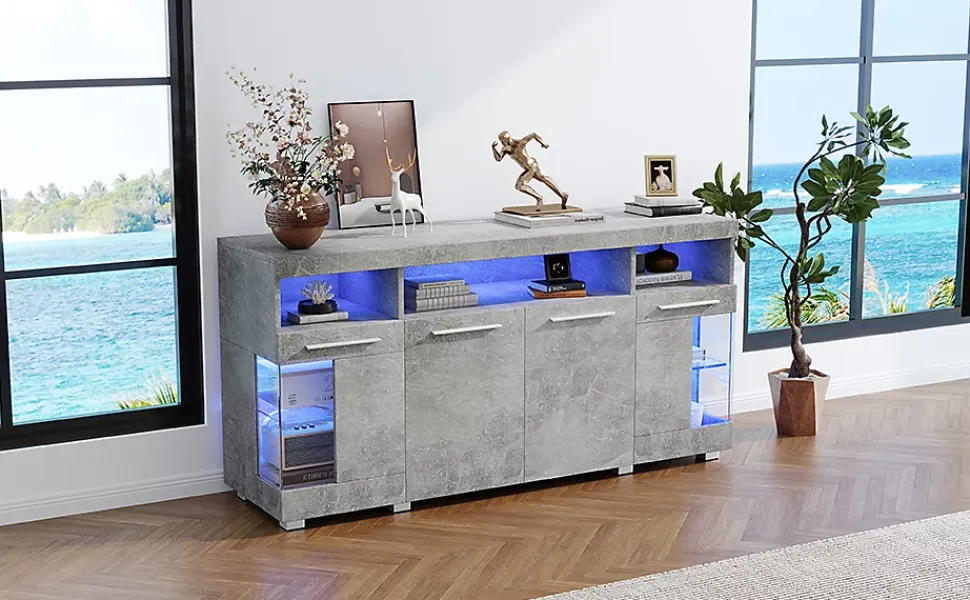 Buffet de Cuisine Bar avec 3 Compartiments et LED - Meuble Salon Moderne MDF et Verre Trempé, Gris Ciment - 140x40x70 cm