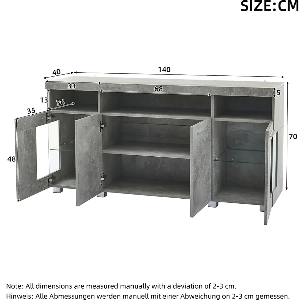 Buffet de Cuisine Bar avec 3 Compartiments et LED - Meuble Salon Moderne MDF et Verre Trempé, Gris Ciment - 140x40x70 cm