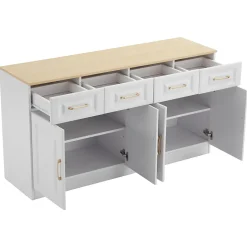 Buffet de Cuisine Bar avec 4 Tiroirs et 4 Portes Coulissantes, Rangement Style Ferme Moderne, Blanc et Chêne - 140x40x75 cm