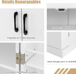 Buffet de Cuisine Bas 60x40x120CM-1 Etagère à 5 Niveaux et 2 Portes à 12 Etagères,Blanc