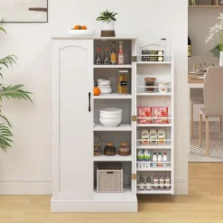 Buffet de Cuisine Bas 60x40x120CM-1 Etagère à 5 Niveaux et 2 Portes à 12 Etagères,Blanc