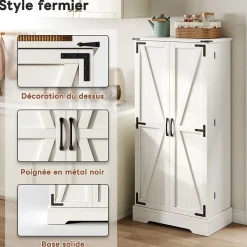 Buffet de cuisine blanc 128,5 cm, LED, 2 portes battantes, étagères réglables, pratique pour salle a manger ou salon
