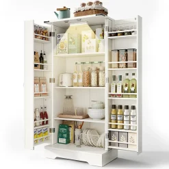 Buffet de cuisine blanc 128,5 cm, LED, 2 portes battantes, étagères réglables, pratique pour salle a manger ou salon