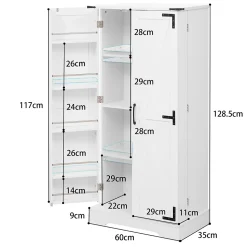 Buffet de cuisine blanc 128,5 cm, LED, 2 portes battantes, étagères réglables, pratique pour salle a manger ou salon