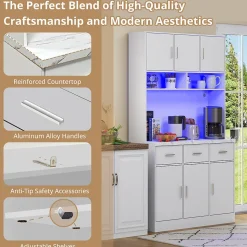 Buffet de Cuisine Haut - Vaisselier avec LED Multicolores et Contrôle Via Application, 6 Portes et 3 Tiroirs, Blanc, 100x40x180 cm