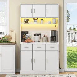 Buffet de Cuisine Haut - Vaisselier avec LED Multicolores et Contrôle Via Application, 6 Portes et 3 Tiroirs, Blanc, 100x40x180 cm