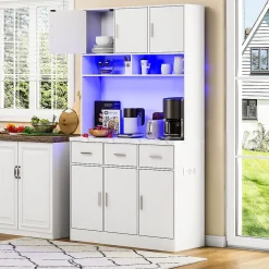 Buffet de Cuisine Haut - Vaisselier avec LED Multicolores et Contrôle Via Application, 6 Portes et 3 Tiroirs, Blanc, 100x40x180 cm
