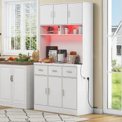 Buffet de Cuisine Haut - Vaisselier avec LED Multicolores et Contrôle Via Application, 6 Portes et 3 Tiroirs, Blanc, 100x40x180 cm