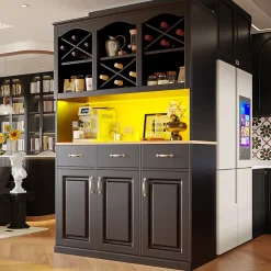 Buffet de Cuisine Haut avec Multiples Compartiments et Étagères Réglables pour Vaisselle et Snacks, MDF Noir 120x40x180 cm