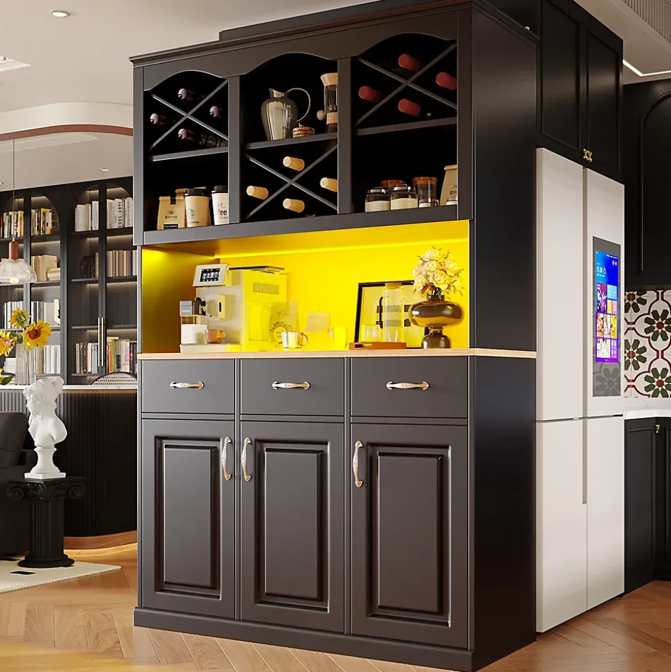 Buffet de Cuisine Haut avec Multiples Compartiments et Étagères Réglables pour Vaisselle et Snacks, MDF Noir 120x40x180 cm