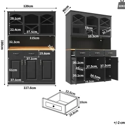 Buffet de Cuisine Haut avec Multiples Compartiments et Étagères Réglables pour Vaisselle et Snacks, MDF Noir 120x40x180 cm