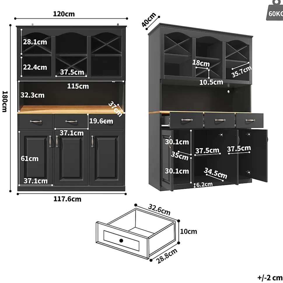 Buffet de Cuisine Haut avec Multiples Compartiments et Étagères Réglables pour Vaisselle et Snacks, MDF Noir 120x40x180 cm