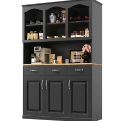 Buffet de Cuisine Haut avec Multiples Compartiments et Étagères Réglables pour Vaisselle et Snacks, MDF Noir 120x40x180 cm