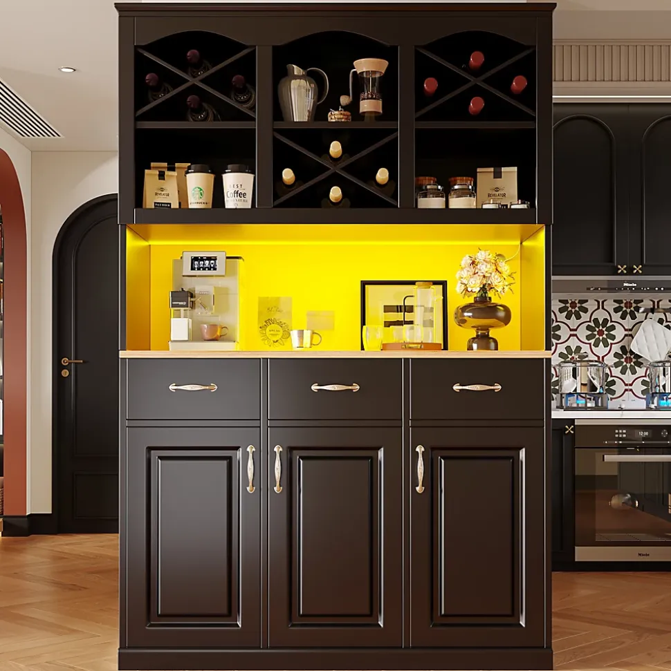 Buffet de Cuisine Haut avec Multiples Compartiments et Étagères Réglables pour Vaisselle et Snacks, MDF Noir 120x40x180 cm