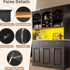 Buffet de Cuisine Haut avec Multiples Compartiments et Étagères Réglables pour Vaisselle et Snacks, MDF Noir 120x40x180 cm