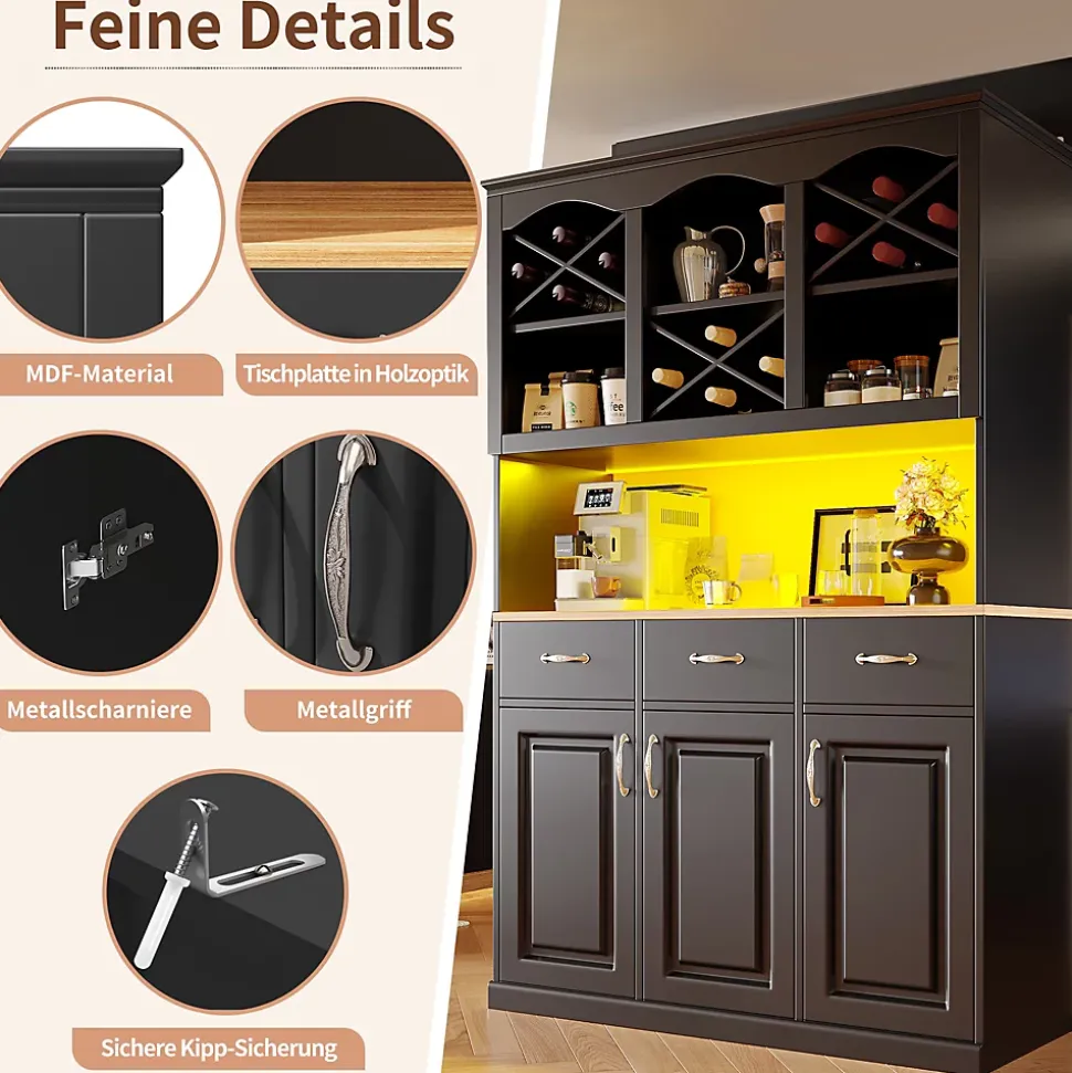 Buffet de Cuisine Haut avec Multiples Compartiments et Étagères Réglables pour Vaisselle et Snacks, MDF Noir 120x40x180 cm