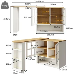 Buffet de Cuisine Moderne, Îlot Extensible avec Rangement et Étagères, Structure MDF, Blanc, 138-204x35x102,5 cm