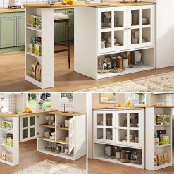 Buffet de Cuisine Moderne, Îlot Extensible avec Rangement et Étagères, Structure MDF, Blanc, 138-204x35x102,5 cm