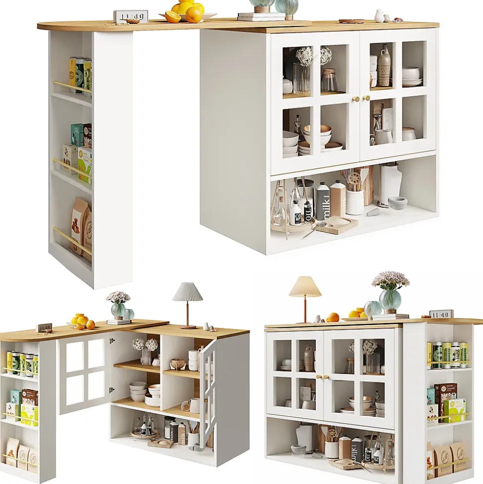 Buffet de Cuisine Moderne, Îlot Extensible avec Rangement et Étagères, Structure MDF, Blanc, 138-204x35x102,5 cm