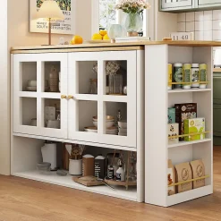 Buffet de Cuisine Moderne, Îlot Extensible avec Rangement et Étagères, Structure MDF, Blanc, 138-204x35x102,5 cm