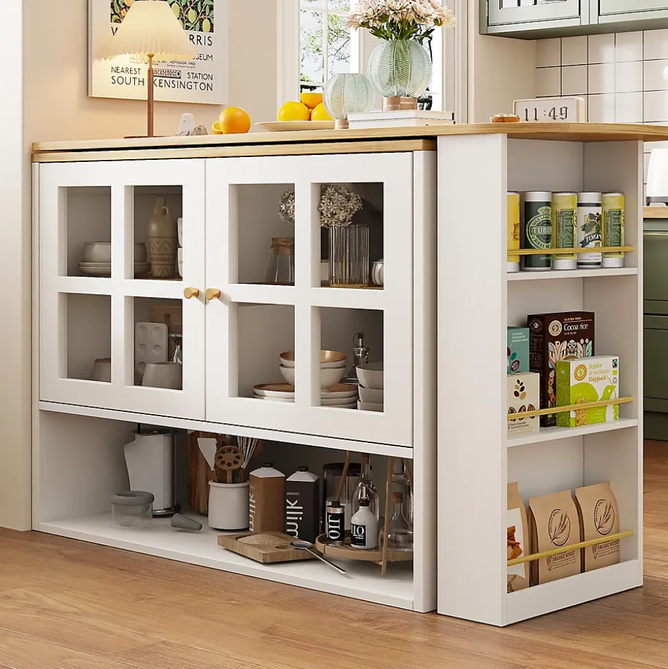 Buffet de Cuisine Moderne, Îlot Extensible avec Rangement et Étagères, Structure MDF, Blanc, 138-204x35x102,5 cm