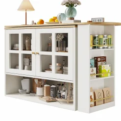 Buffet de Cuisine Moderne, Îlot Extensible avec Rangement et Étagères, Structure MDF, Blanc, 138-204x35x102,5 cm