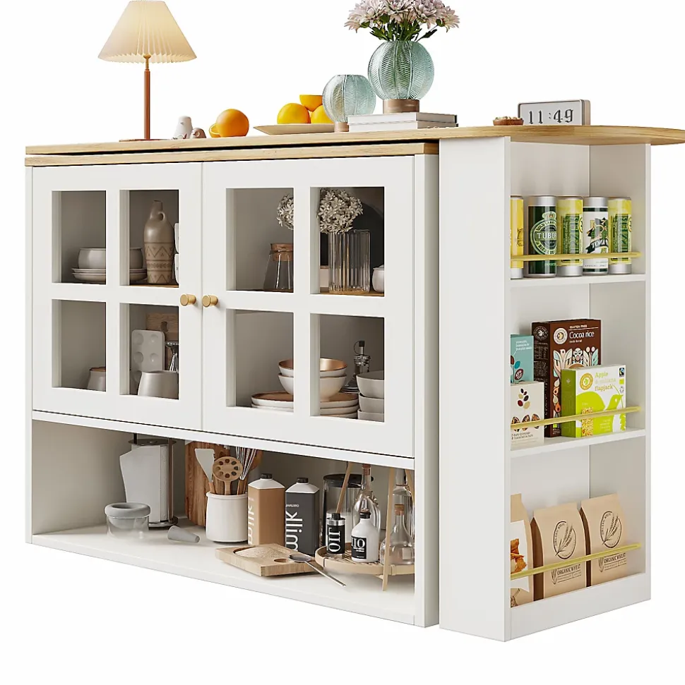 Buffet de Cuisine Moderne, Îlot Extensible avec Rangement et Étagères, Structure MDF, Blanc, 138-204x35x102,5 cm