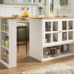 Buffet de Cuisine Moderne, Îlot Extensible avec Rangement et Étagères, Structure MDF, Blanc, 138-204x35x102,5 cm