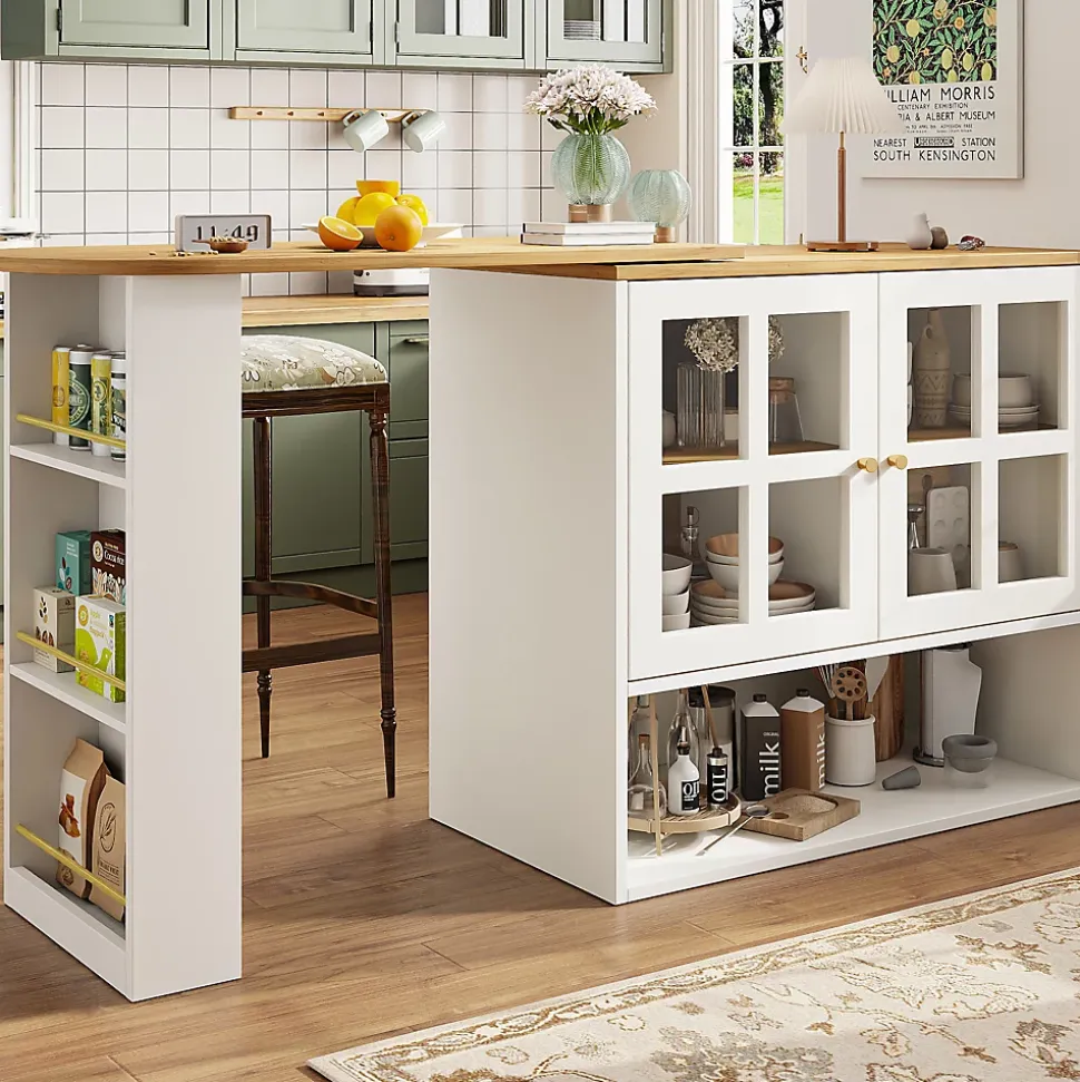 Buffet de Cuisine Moderne, Îlot Extensible avec Rangement et Étagères, Structure MDF, Blanc, 138-204x35x102,5 cm