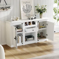 Buffet de Cuisine Moderne avec 2 Portes, 1 Tiroir et 3 Porte-Bouteilles, MDF + Panneaux de Particules, Blanc, 130x35x70 cm
