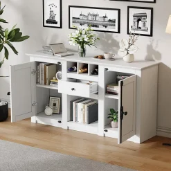 Buffet de Cuisine Moderne avec 2 Portes, 1 Tiroir et 3 Porte-Bouteilles, MDF + Panneaux de Particules, Blanc, 130x35x70 cm