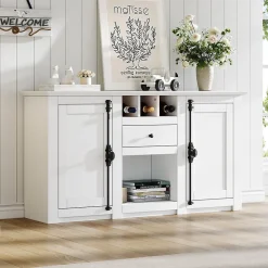 Buffet de Cuisine Moderne avec 2 Portes, 1 Tiroir et 3 Porte-Bouteilles, MDF + Panneaux de Particules, Blanc, 130x35x70 cm