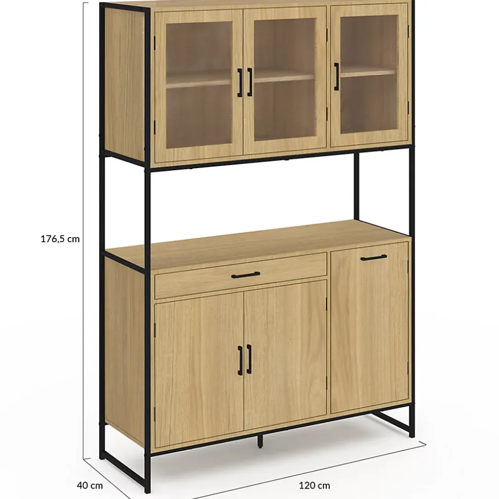 Buffet de cuisine vitré 120 CM DETROIT meuble vaisselier 6 portes design industriel + tiroir