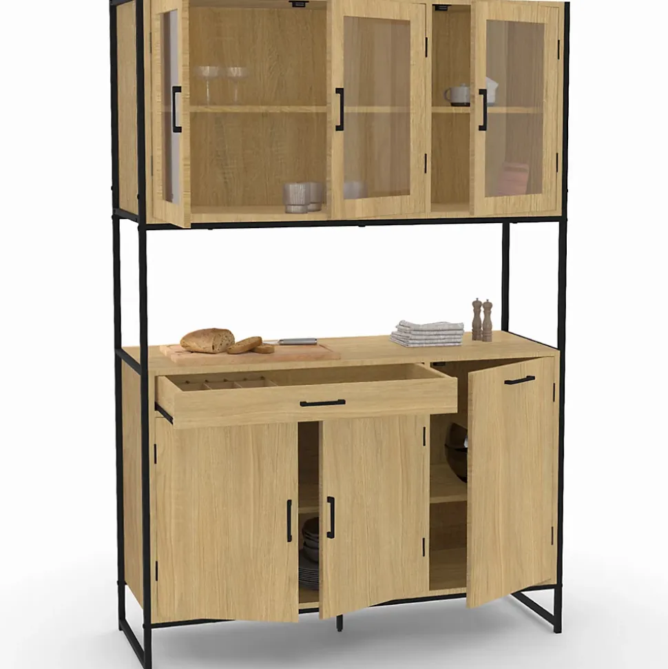Buffet de cuisine vitré 120 CM DETROIT meuble vaisselier 6 portes design industriel + tiroir