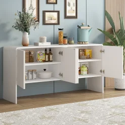 Buffet de Rangement 4 Portes avec Système Anti-Basculement, design Moderne et Minimaliste, Salon et entrée, Blanc, 152x40x76,5 cm