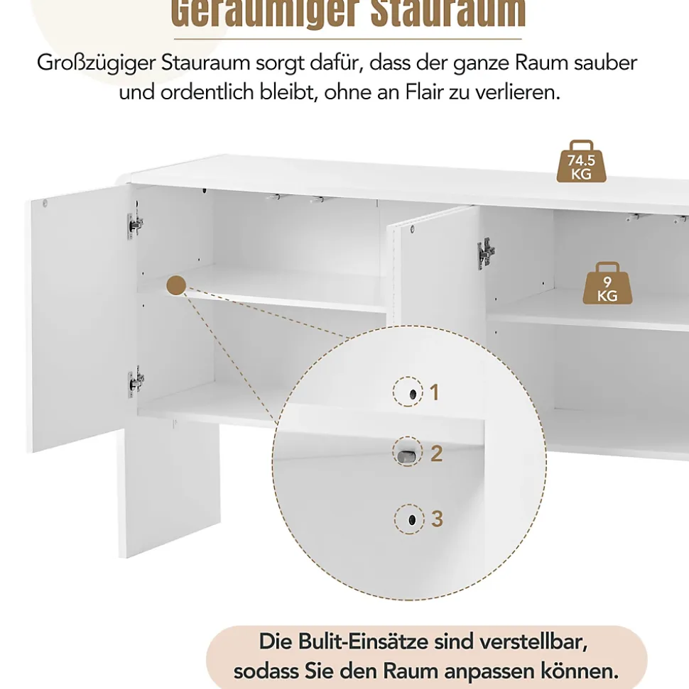 Buffet de Rangement 4 Portes avec Système Anti-Basculement, design Moderne et Minimaliste, Salon et entrée, Blanc, 152x40x76,5 cm