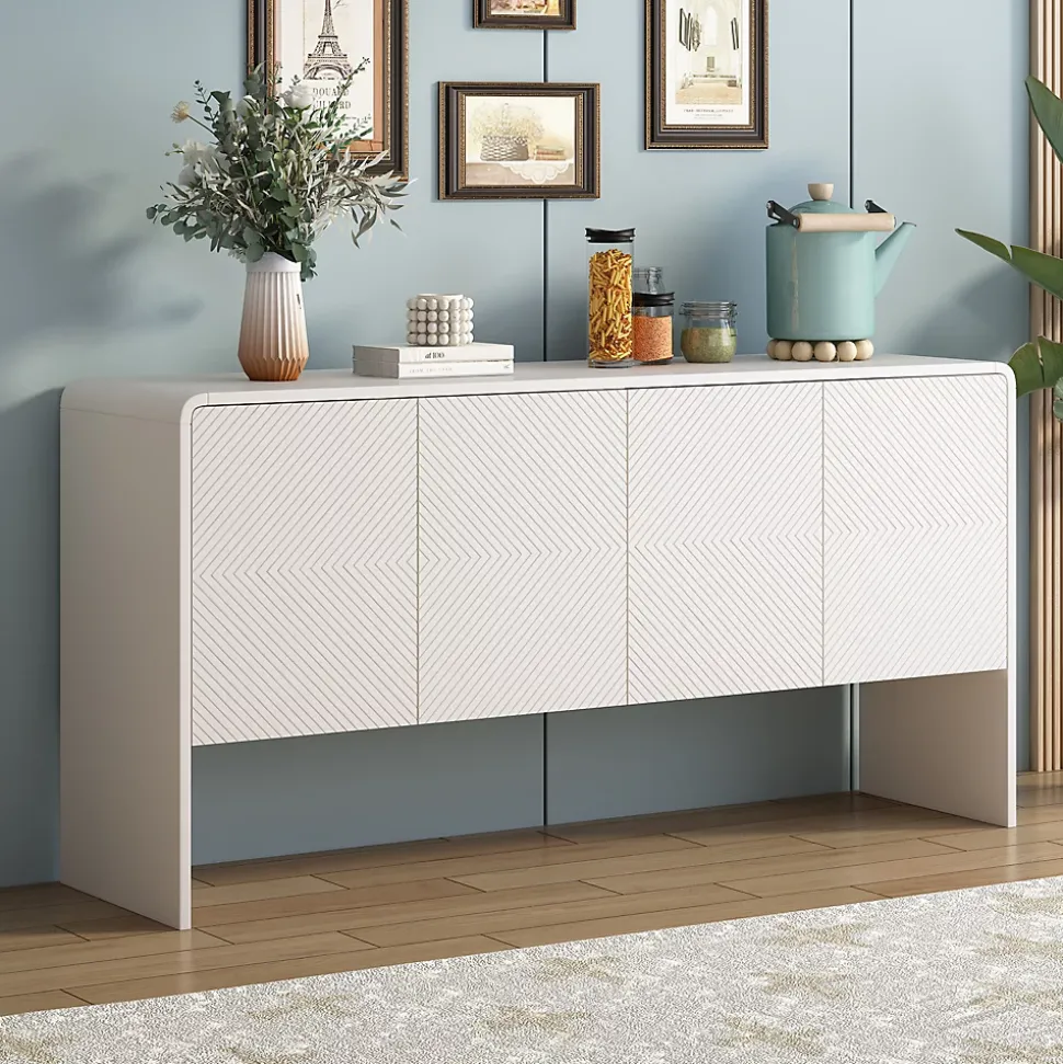 Buffet de Rangement 4 Portes avec Système Anti-Basculement, design Moderne et Minimaliste, Salon et entrée, Blanc, 152x40x76,5 cm
