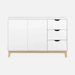 Buffet de rangement blanc. pieds bois - Floki - avec 3 tiroirs. buffet 2 portes. buffet bas. 120x40x75 cm