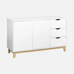 Buffet de rangement blanc. pieds bois - Floki - avec 3 tiroirs. buffet 2 portes. buffet bas. 120x40x75 cm