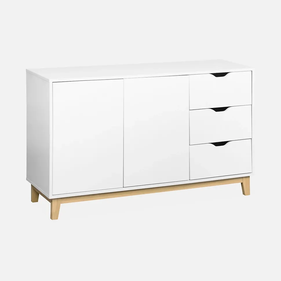 Buffet de rangement blanc. pieds bois - Floki - avec 3 tiroirs. buffet 2 portes. buffet bas. 120x40x75 cm