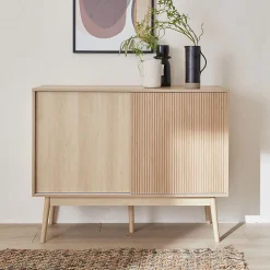 Buffet de rangement décor bois. 2 portes coulissantes. buffet haut. vaisselier. L 115 x l 39.5 x H 90cm - Linear