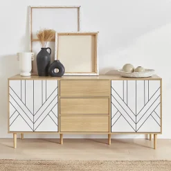 Buffet de rangement décor bois et blanc - Mika - 2 niveaux. 2 portes. 3 tiroirs. buffet bas. L 160 x l 40 x H 74cm