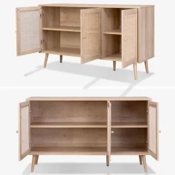 Buffet de rangement en cannage 120x39x70cm - Bohème - 2 niveaux. 3 portes. pieds scandinaves. buffet bas