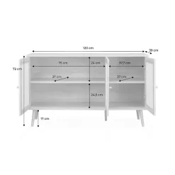 Buffet de rangement en cannage 120x39x70cm - Bohème - 2 niveaux. 3 portes. pieds scandinaves. buffet bas