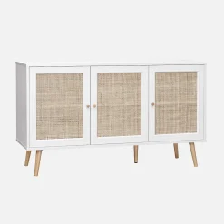 Buffet de rangement en cannage. blanc cassé 120x39x70cm - Bohème - 2 niveaux. 3 portes. pieds scandinaves. buffet bas