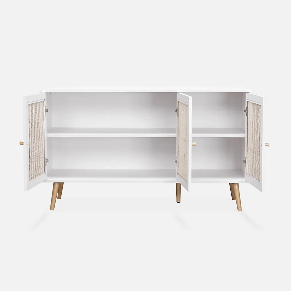 Buffet de rangement en cannage. blanc cassé 120x39x70cm - Bohème - 2 niveaux. 3 portes. pieds scandinaves. buffet bas
