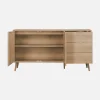 Buffet de rangement. Eva. décor bois et cannage arrondi. 2 portes 3 tiroirs. buffet bas. L 150 x l 39 x H 79cm